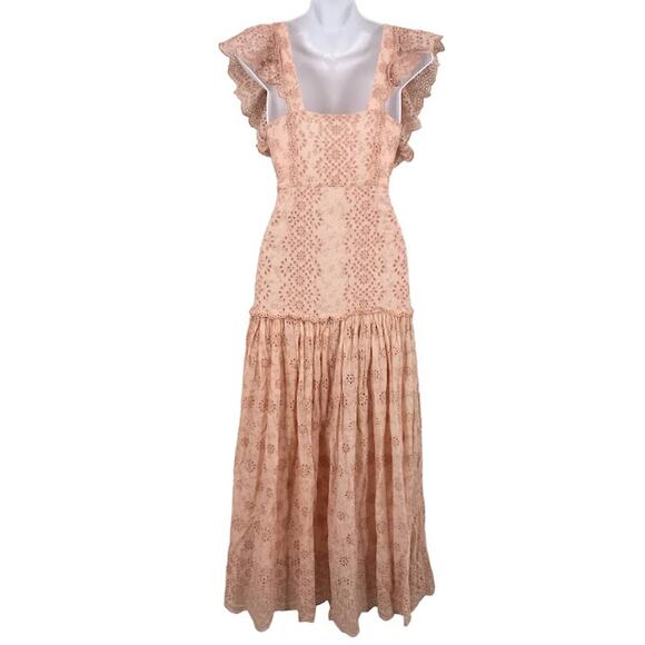 LoveShackFancy Pink Cressida Dress P/00 Cascade Ruffle V-Neck Eyelets Flutter - Picture 2 of 6